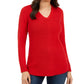 Camiseta feminina com nervuras e decote em V, manga comprida, tamanho pequeno, vermelho, Charter Club