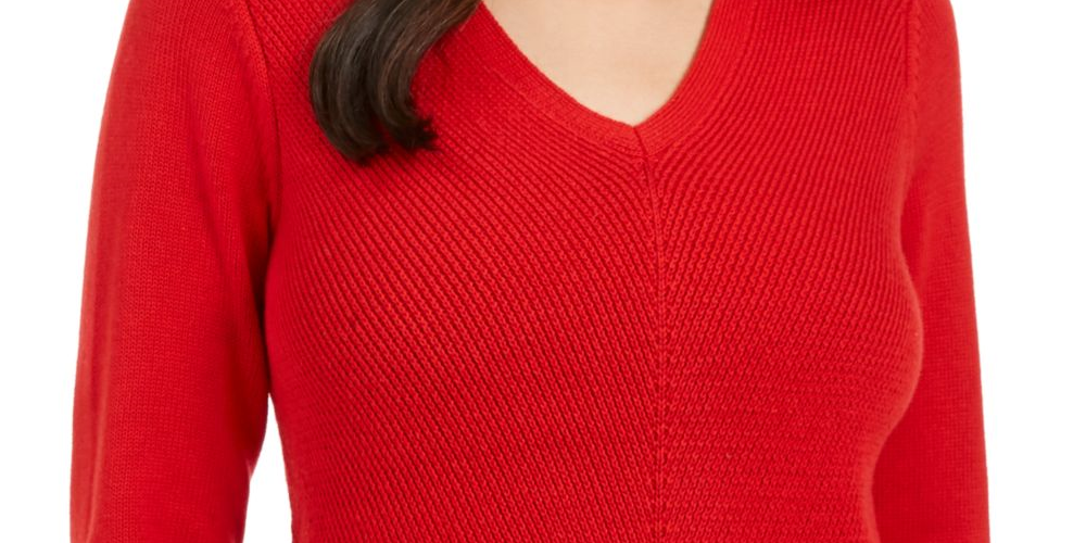 Camiseta feminina com nervuras e decote em V, manga comprida, tamanho pequeno, vermelho, Charter Club