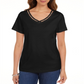 Camiseta feminina Karen Scott de algodão com decote em V e acabamento aberto, preta, tamanho XS