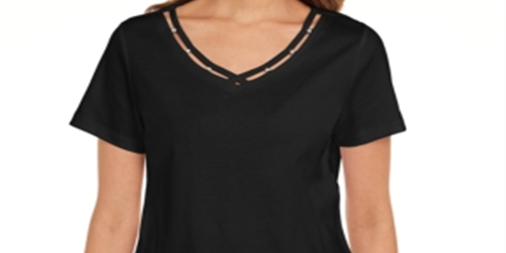 Camiseta feminina Karen Scott de algodão com decote em V e acabamento aberto, preta, tamanho XS