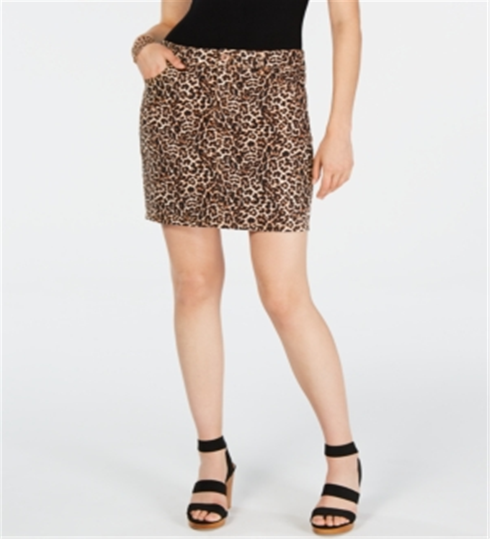 Minissaia jeans feminina com estampa de leopardo INC International Concepts, marrom, leopardo, tamanho 2
