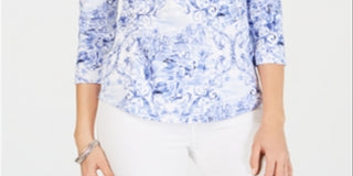 Charter Club Blusa feminina estampada com decote canoa, branca, tamanho pequeno