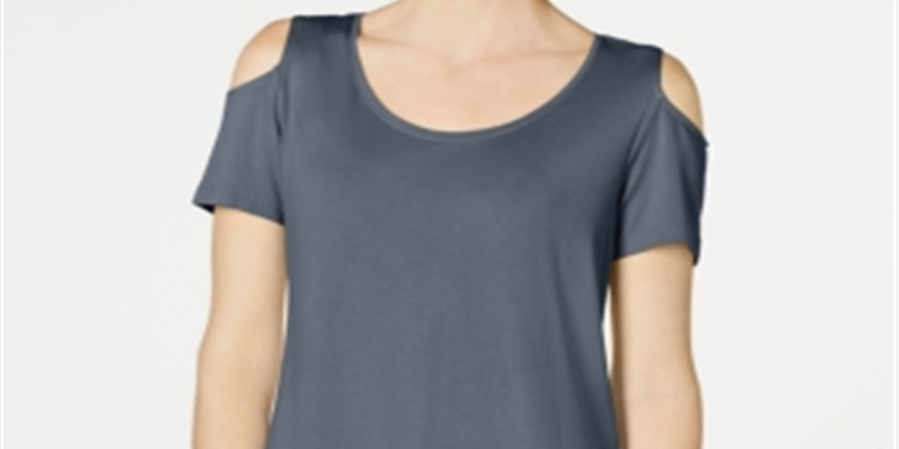 Camiseta feminina JM Collection com ombros descobertos e manga curta, azul, tamanho médio