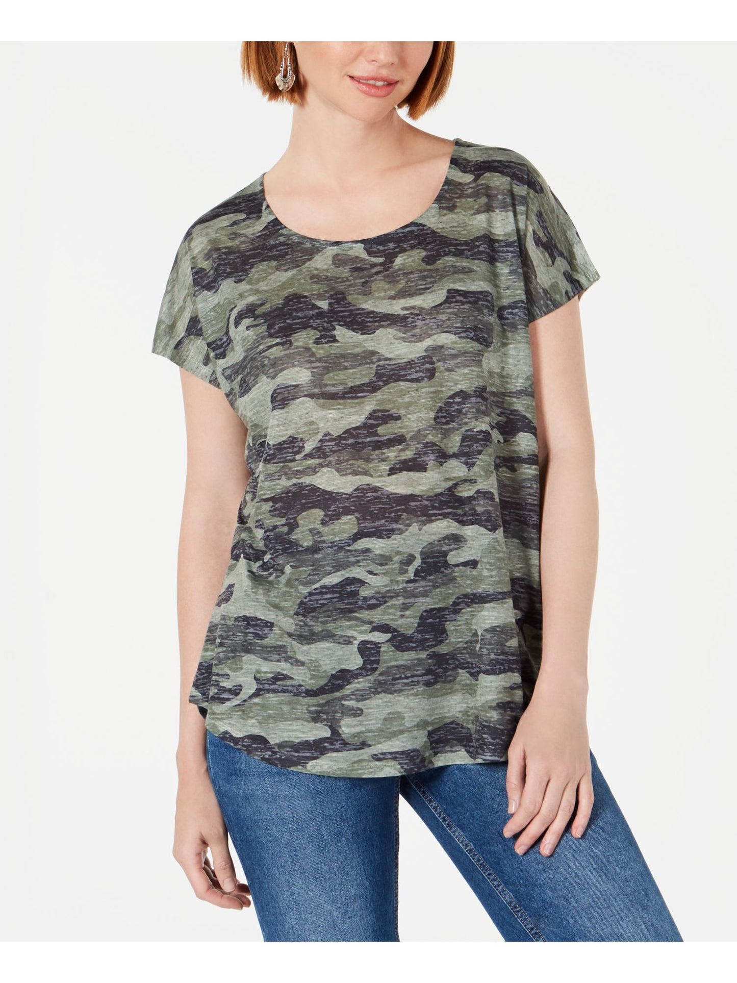 Camiseta feminina camuflada com decote redondo, tamanho médio, verde, estilo &amp; co