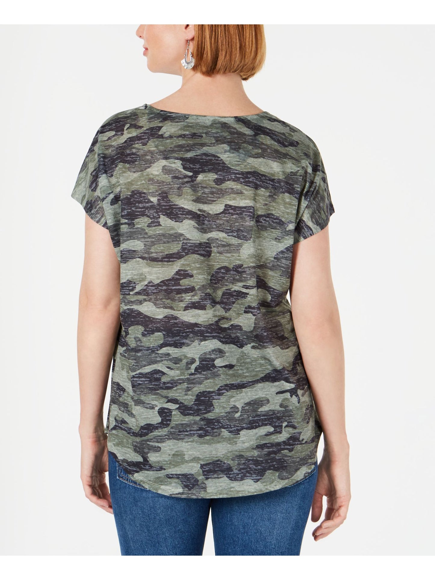 Camiseta feminina camuflada com decote redondo, tamanho médio, verde, estilo &amp; co