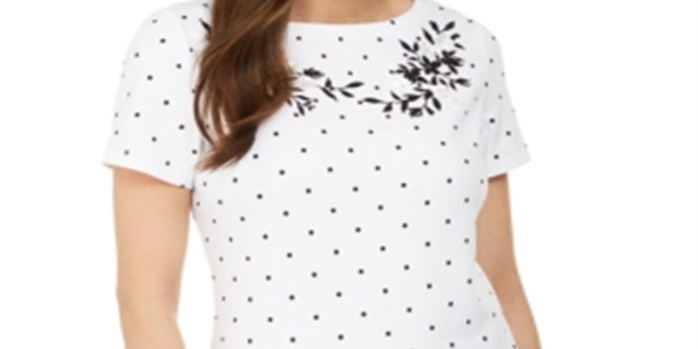 Karen Scott Blusa feminina de algodão com decote canoa e estampa bordada, tamanho grande, branca