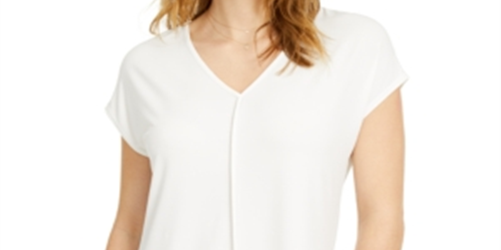 Camiseta feminina Bar III com decote em V e costura, branca, tamanho pequeno