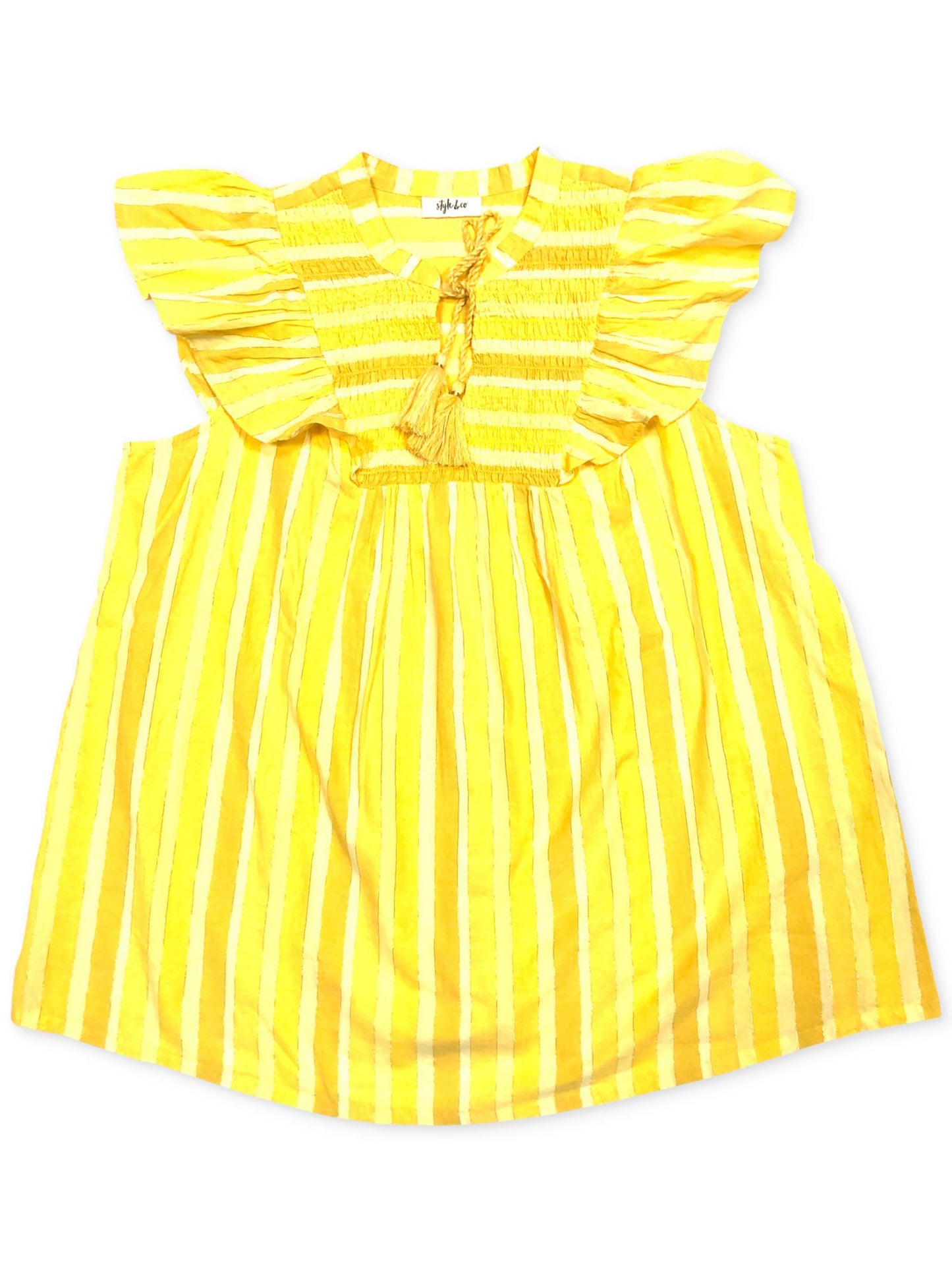 Blusa de algodão listrada com mangas e babados Style &amp; Co feminina, tamanho grande, amarela