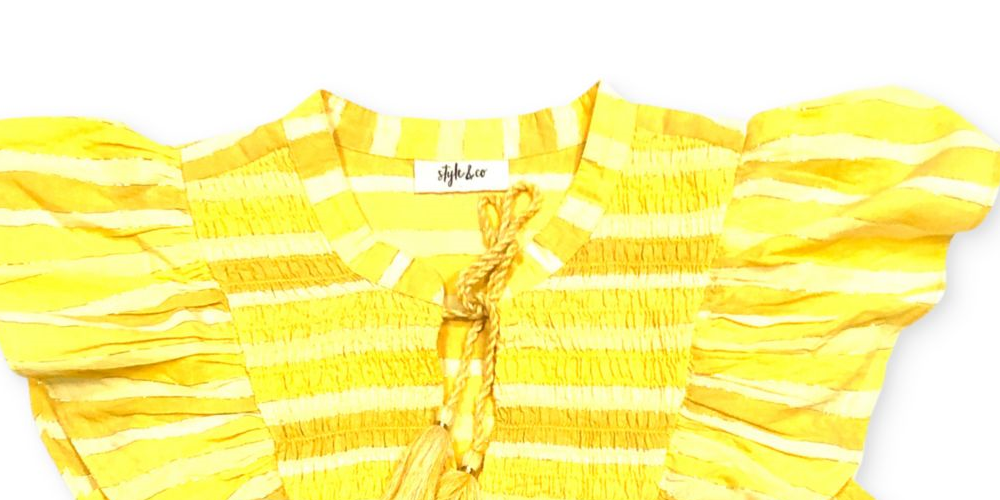 Blusa de algodão listrada com mangas e babados Style &amp; Co feminina, tamanho grande, amarela