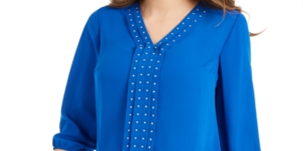 Blusa plissada com tachas lisas JM Collection para mulheres, azul, tamanho X-G