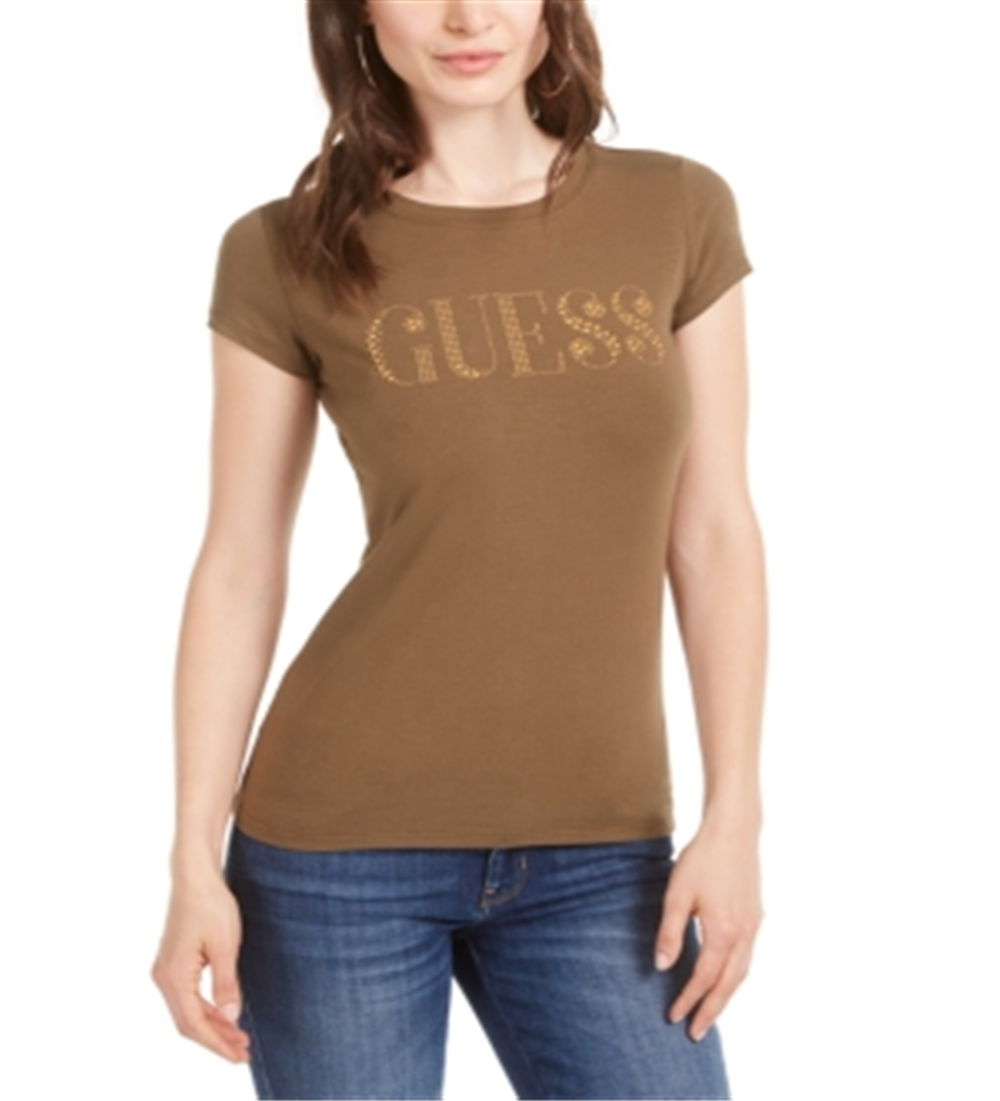 Camiseta feminina Guess de algodão com logo e miçangas, verde, tamanho X-S
