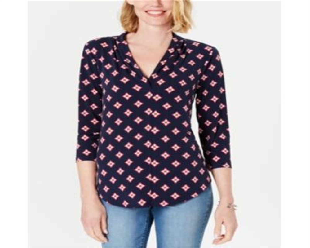 Camisa feminina de malha plissada com decote em V e estampada, tamanho pequeno, azul, Charter Club