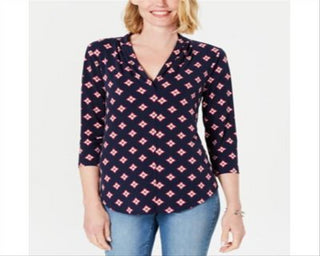 Camisa feminina de malha plissada com decote em V e estampada, tamanho pequeno, azul, Charter Club