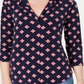 Camisa feminina de malha plissada com decote em V e estampada, tamanho pequeno, azul, Charter Club