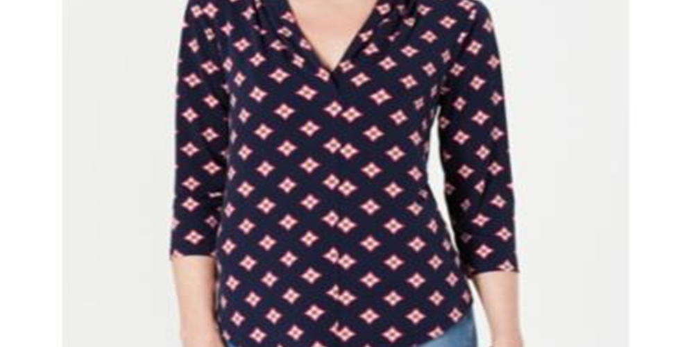 Camisa feminina de malha plissada com decote em V e estampada, tamanho pequeno, azul, Charter Club