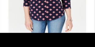 Camisa feminina de malha plissada com decote em V e estampada, tamanho pequeno, azul, Charter Club