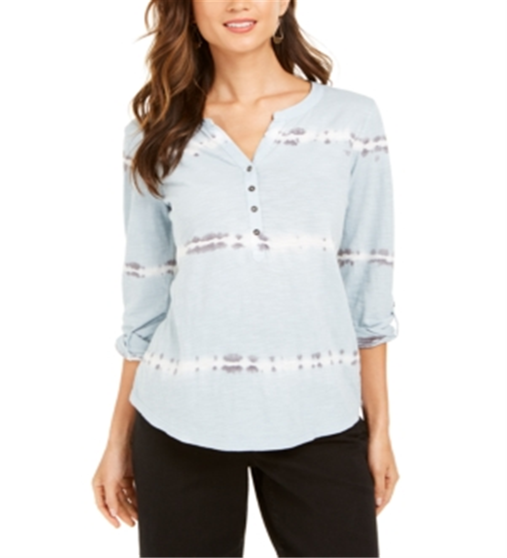 Top Henley Tie Dye de Algodão Feminino Estilo &amp; Co Azul Tamanho Pequeno P