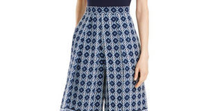 Macacão feminino Vince Camuto com decote em joia e estampa azul, tamanho 12