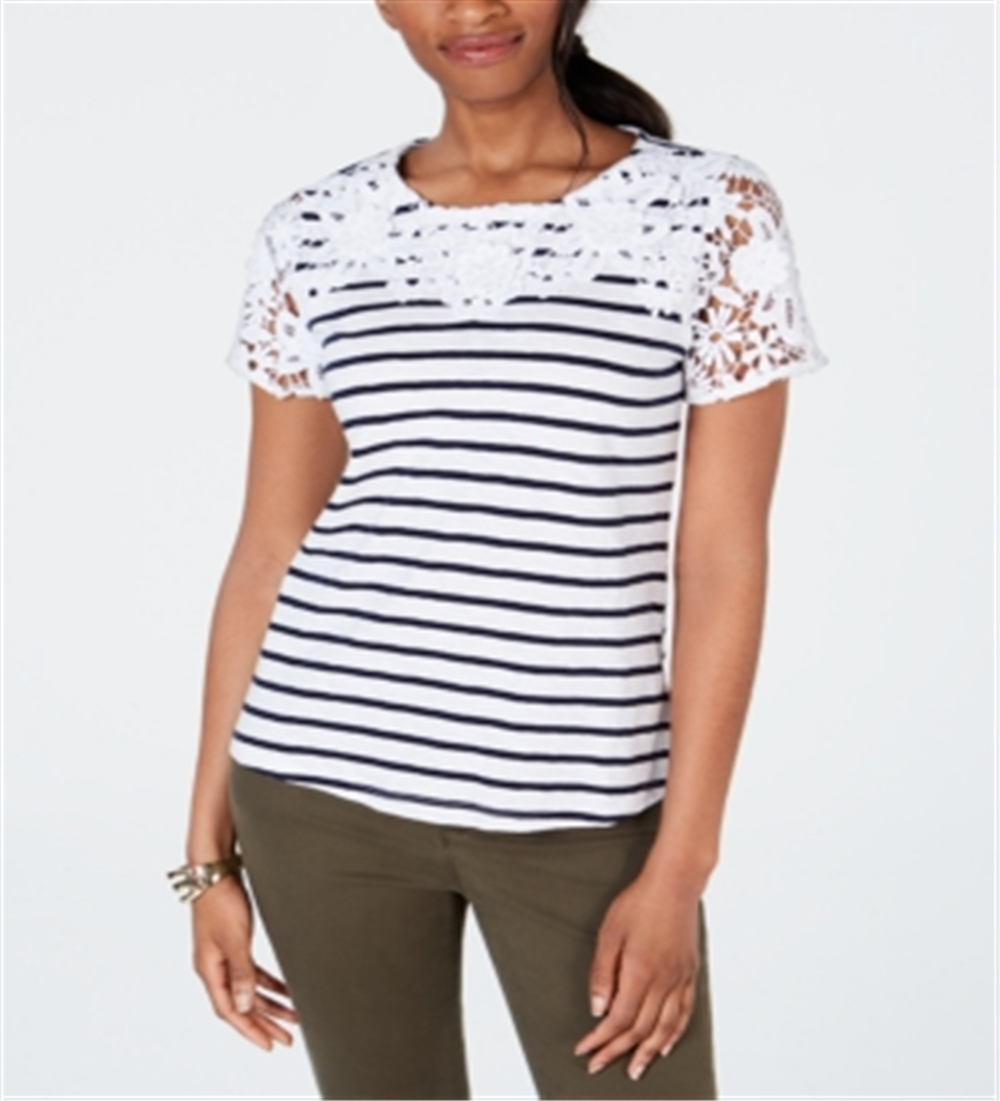 Charter Club Top listrado de crochê de algodão feminino, branco, tamanho médio