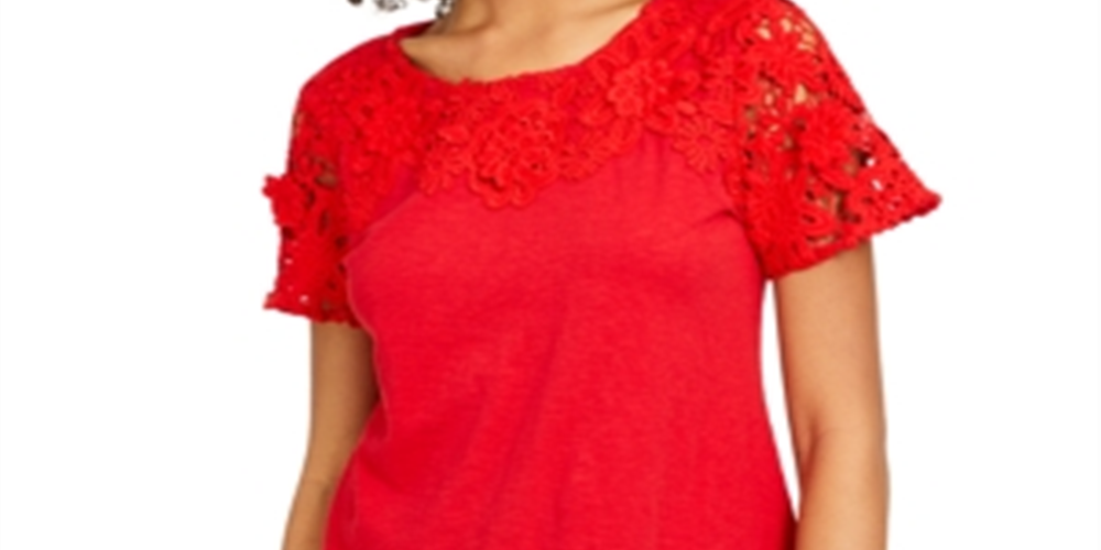 Camiseta feminina Charter Club de algodão com renda e detalhes em vermelho, tamanho pequeno