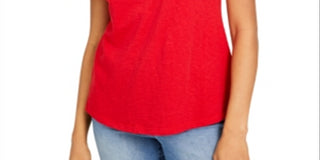 Camiseta feminina Charter Club de algodão com renda e detalhes em vermelho, tamanho pequeno