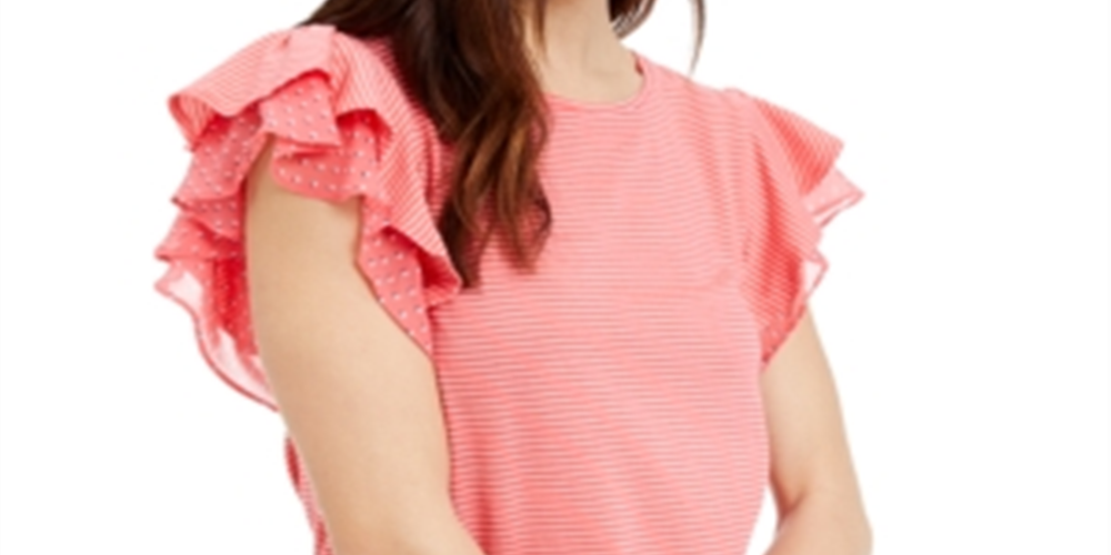 Blusa feminina de malha com listras e mangas esvoaçantes Maison Jules, coral, tamanho XS