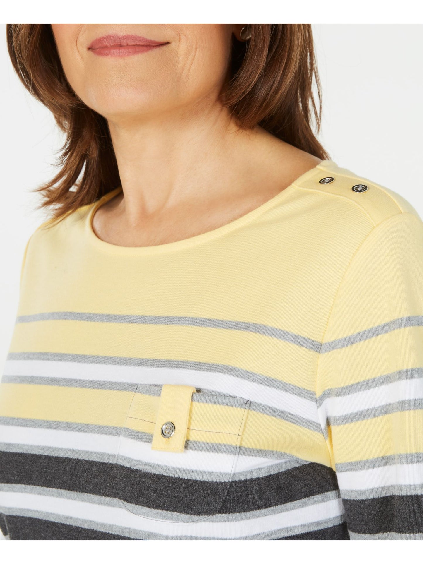 Karen Scott Blusa listrada feminina com manga 3/4 e decote canoa, amarela, tamanho pequeno
