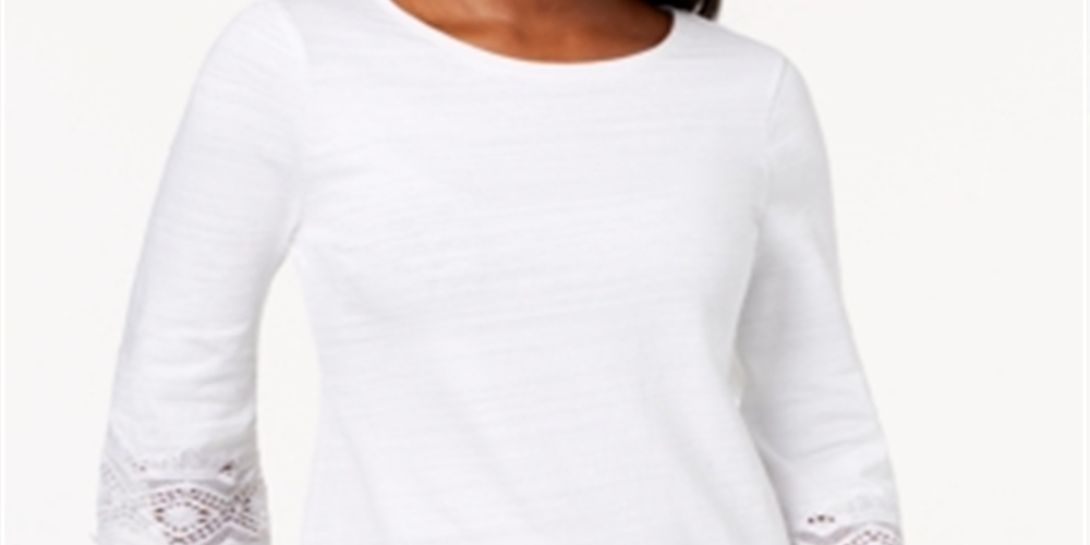 Top feminino Charter Club com acabamento em renda de algodão, branco, tamanho X-S