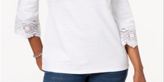 Top feminino Charter Club com acabamento em renda de algodão, branco, tamanho X-S