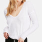 Blusa feminina de manga comprida com decote em V, branca, tamanho médio