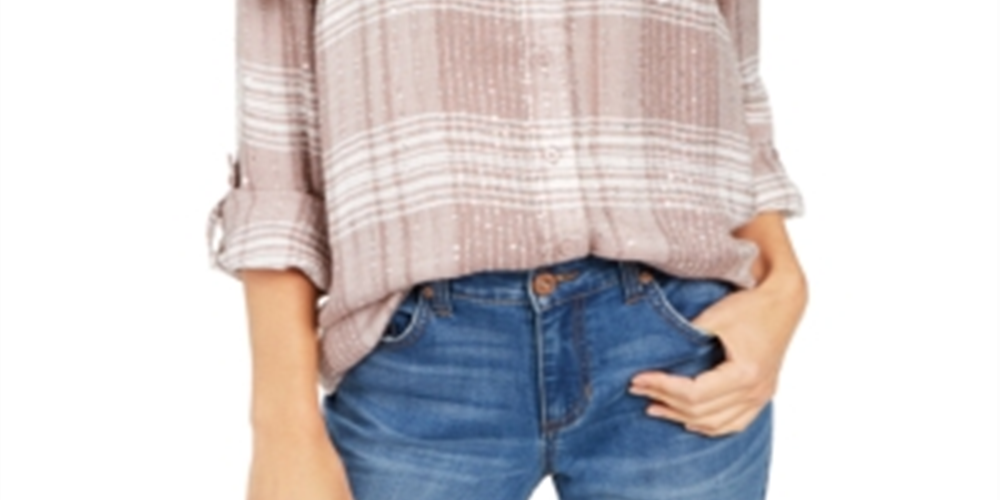 Camisa xadrez feminina com lantejoulas Style &amp; Co, branca, tamanho pequeno XL