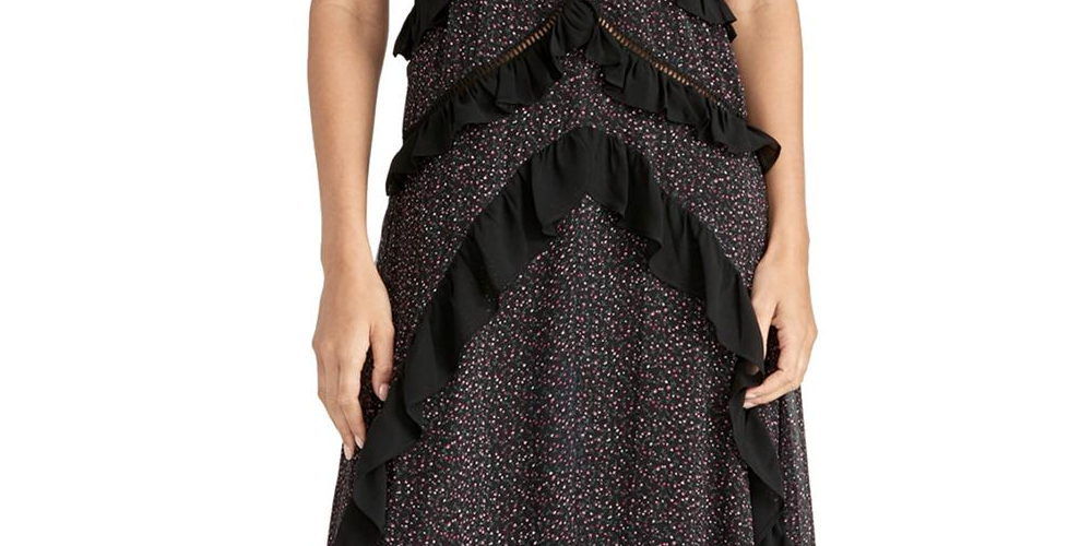 Vestido casual feminino Rachel Roy Leta com babados florais, preto, tamanho 14