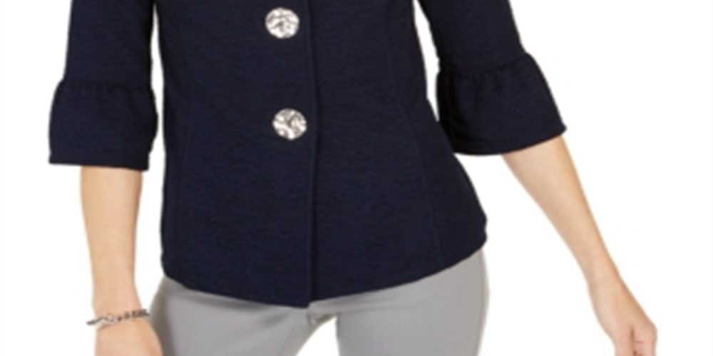 Jaqueta feminina texturizada com manga sino da coleção JM, azul, tamanho X-S