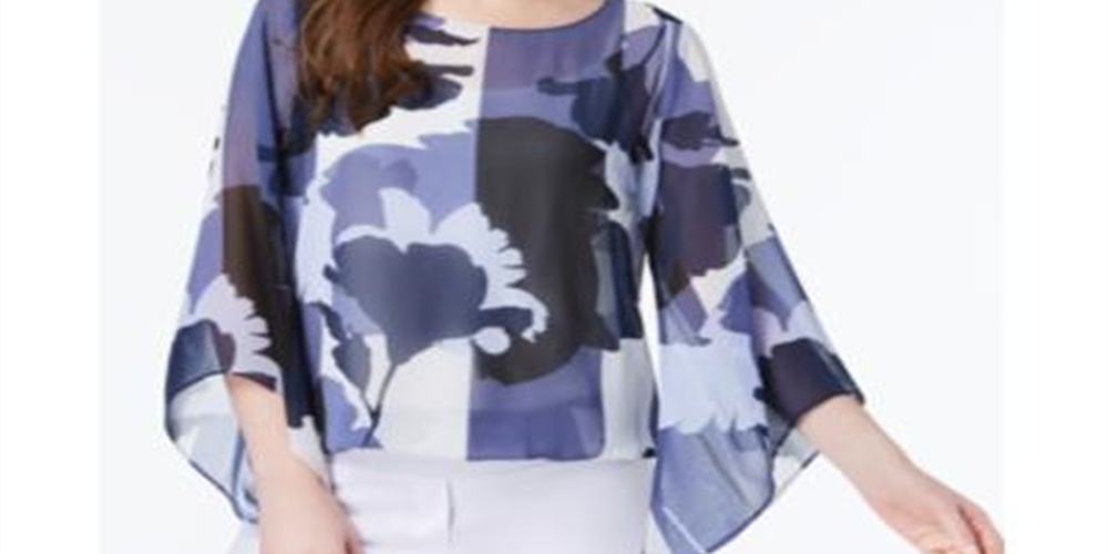 Blusa feminina Alfani com estampa de manga anjo, azul, tamanho pequeno G