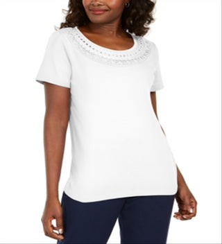 Camiseta feminina Karen Scott com acabamento em crochê e algodão, tamanho pequeno, branca