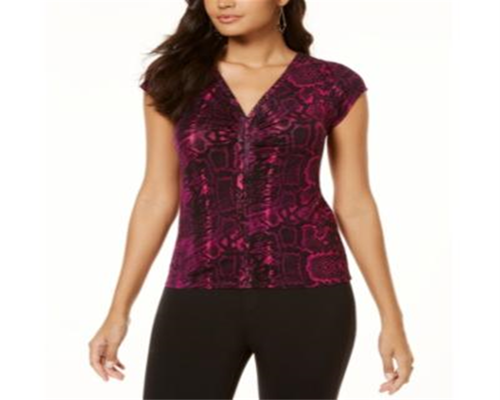 Blusa feminina Thalia Sodi estampada com decote em V franzido, roxa, tamanho X-S