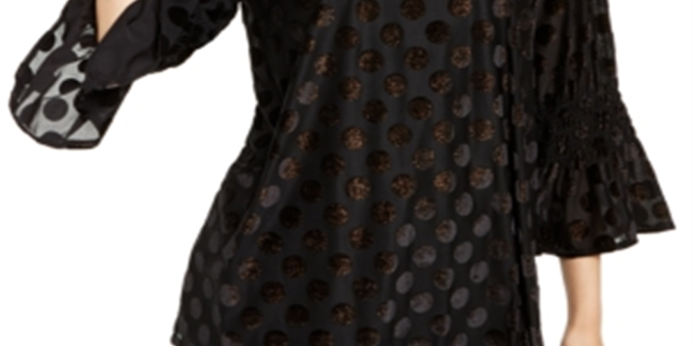 Blusa feminina Alfani com bolinhas metálicas e manga sino, preta, tamanho X-S