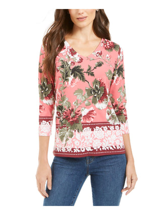 Top feminino floral com manga 3/4 e decote em V, rosa, tamanho pequeno, Charter Club