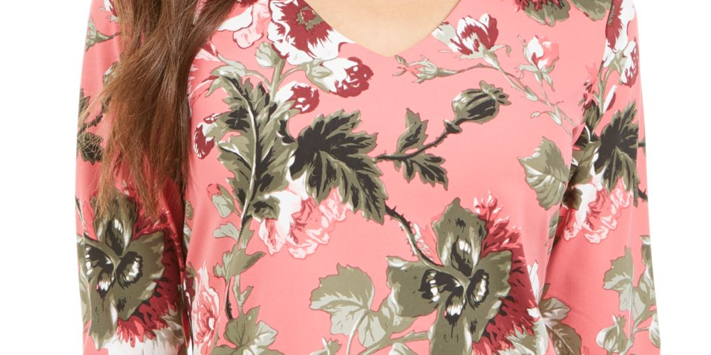 Top feminino floral com manga 3/4 e decote em V, rosa, tamanho pequeno, Charter Club