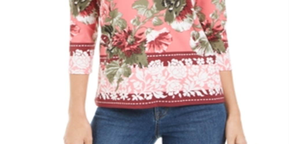 Top feminino floral com manga 3/4 e decote em V, rosa, tamanho pequeno, Charter Club