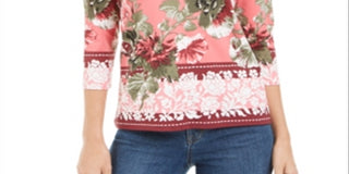 Top feminino floral com manga 3/4 e decote em V, rosa, tamanho pequeno, Charter Club