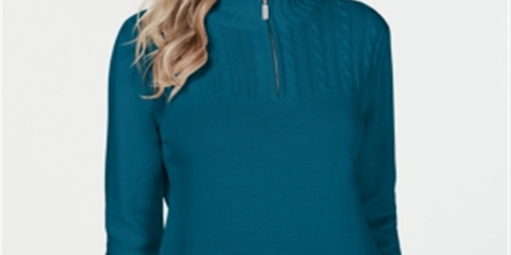 Karen Scott Suéter Feminino de Algodão com Zíper e Gola Azul-petróleo Tamanho XX-G