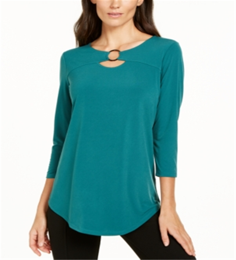 JM Collection Top Feminino Gola Redonda Manga 3/4 Verde Tamanho Pequeno