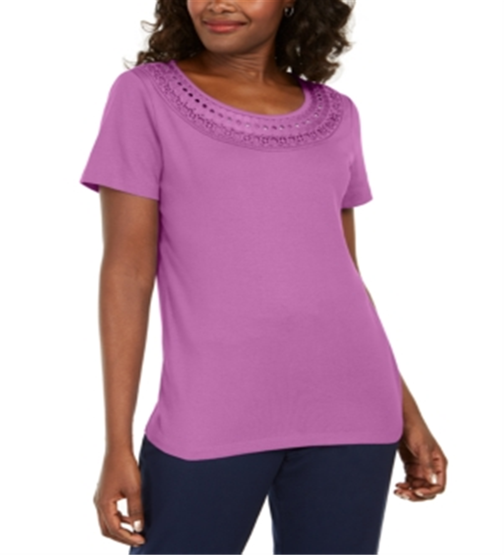 Camiseta feminina Karen Scott de algodão com acabamento em crochê, roxa, tamanho XS