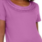 Camiseta feminina Karen Scott de algodão com acabamento em crochê, roxa, tamanho XS