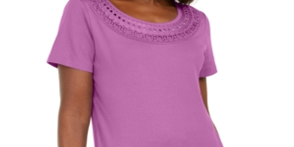 Camiseta feminina Karen Scott de algodão com acabamento em crochê, roxa, tamanho XS