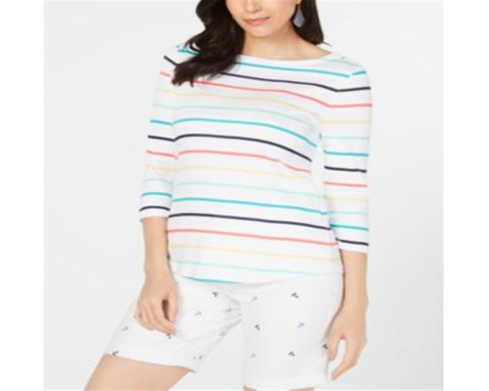 Charter Club Blusa listrada de algodão feminina, branca, tamanho pequeno e pequeno