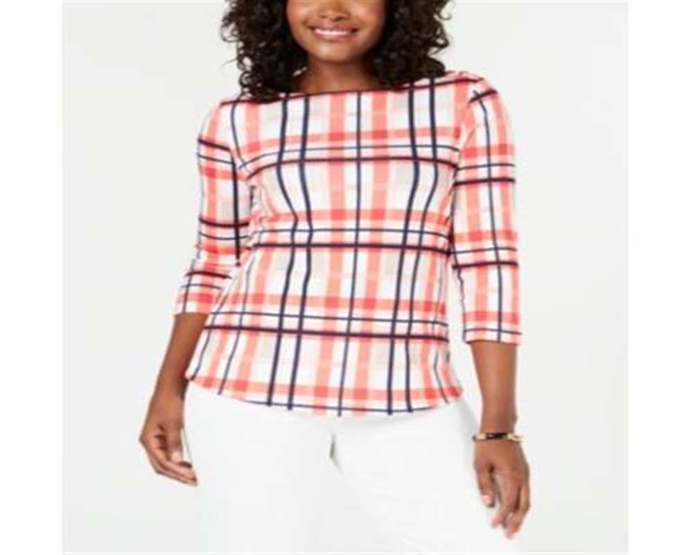 Charter Club Blusa feminina de algodão xadrez com gola canoa, rosa, tamanho médio