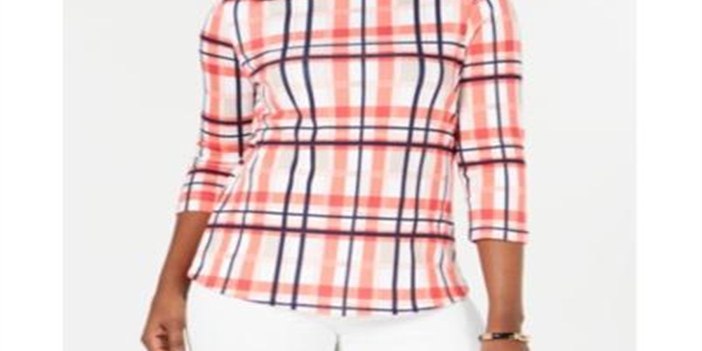 Charter Club Blusa feminina de algodão xadrez com gola canoa, rosa, tamanho médio