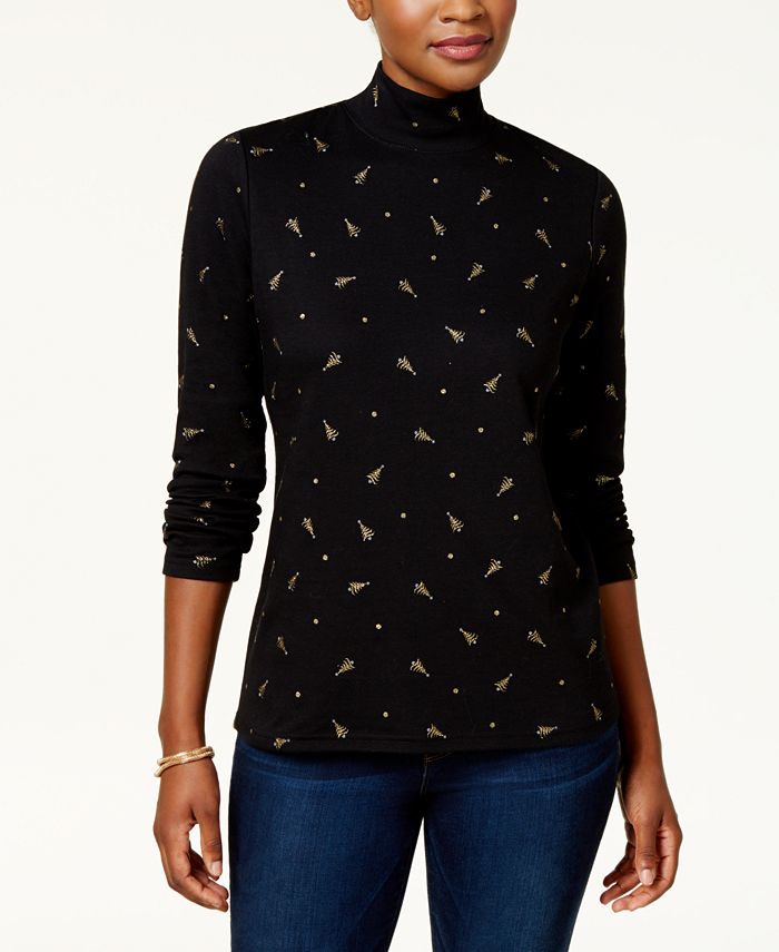 Blusa feminina Karen Scott com estampa de árvore e gola alta, preta, tamanho pequeno P